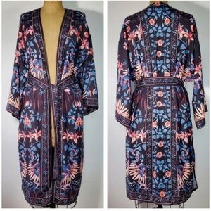 Jealous Tomato Size L Robe Duster Black Tropical Floral Belted Snake Long Sleeve